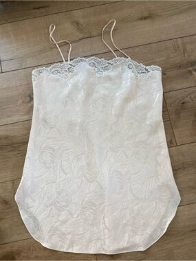 Vintage Chantilly White Floral Jacquard Slip Dress Lace Mini Chemise M